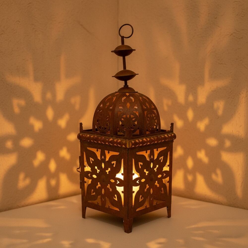 Moroccan Style Pierced Metal Candle Lantern-Hanging Boho-Faux Patina-Moorish